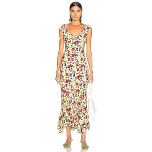 Saloni Women’s 100% Silk Daphne Midi Maxi Dress Lemon Poppies Floral Size 6